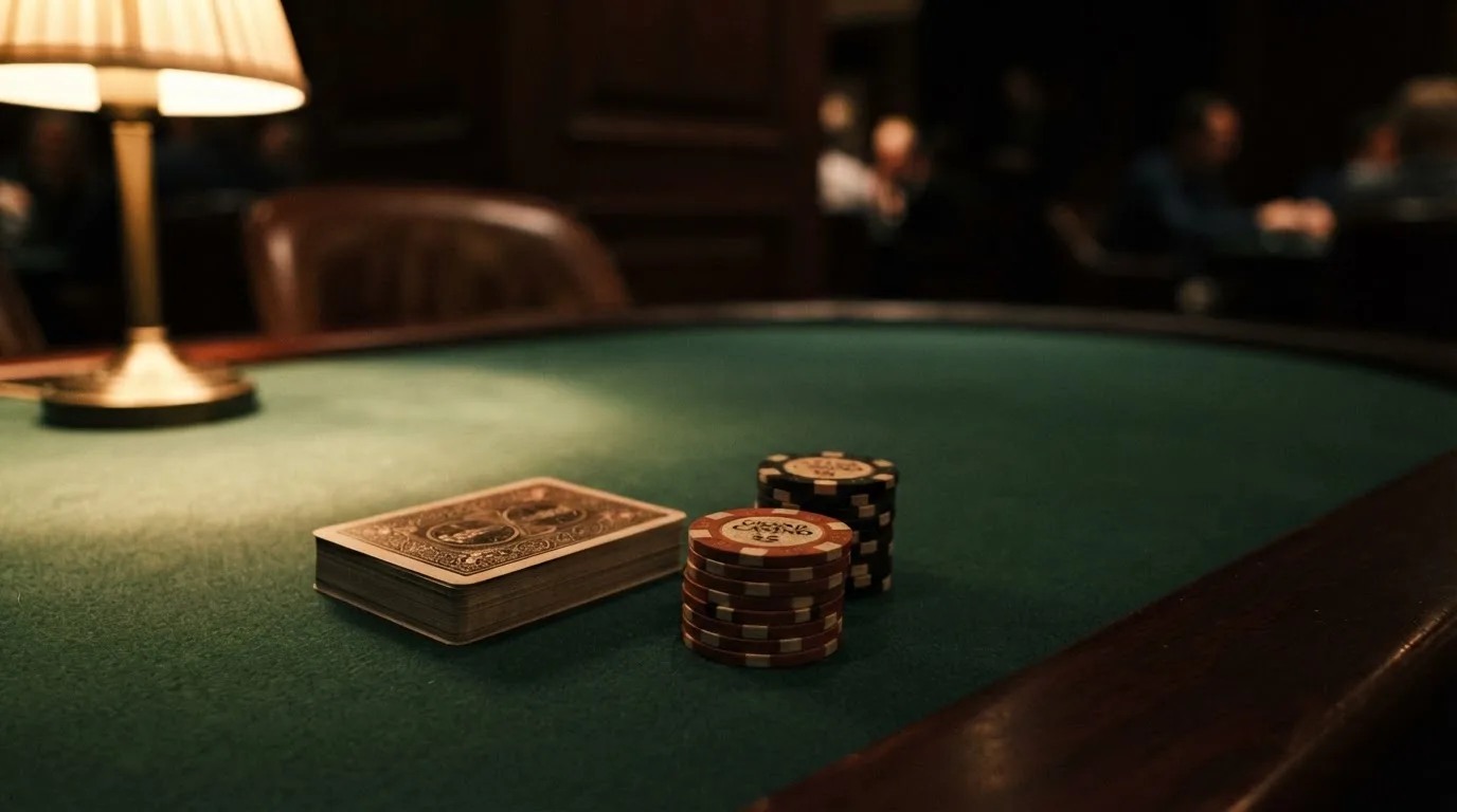 Kortlek och staplar av spelmarker på ett grönt filtbord i en dunkel salong, varmt lampsken — svenska casinon med zimpler