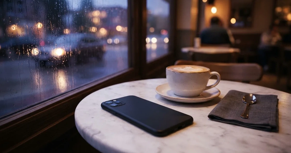 En mobil med framsidan nedåt på ett kafébord, bredvid en latte och regn mot rutan — svenska casinon på android