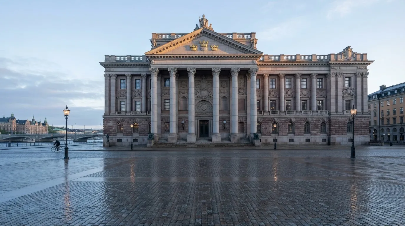 Stenfasad på en statlig byggnad i Stockholm vid gryning, höga pelare och ett tomt torg framför — svenska casinon på android
