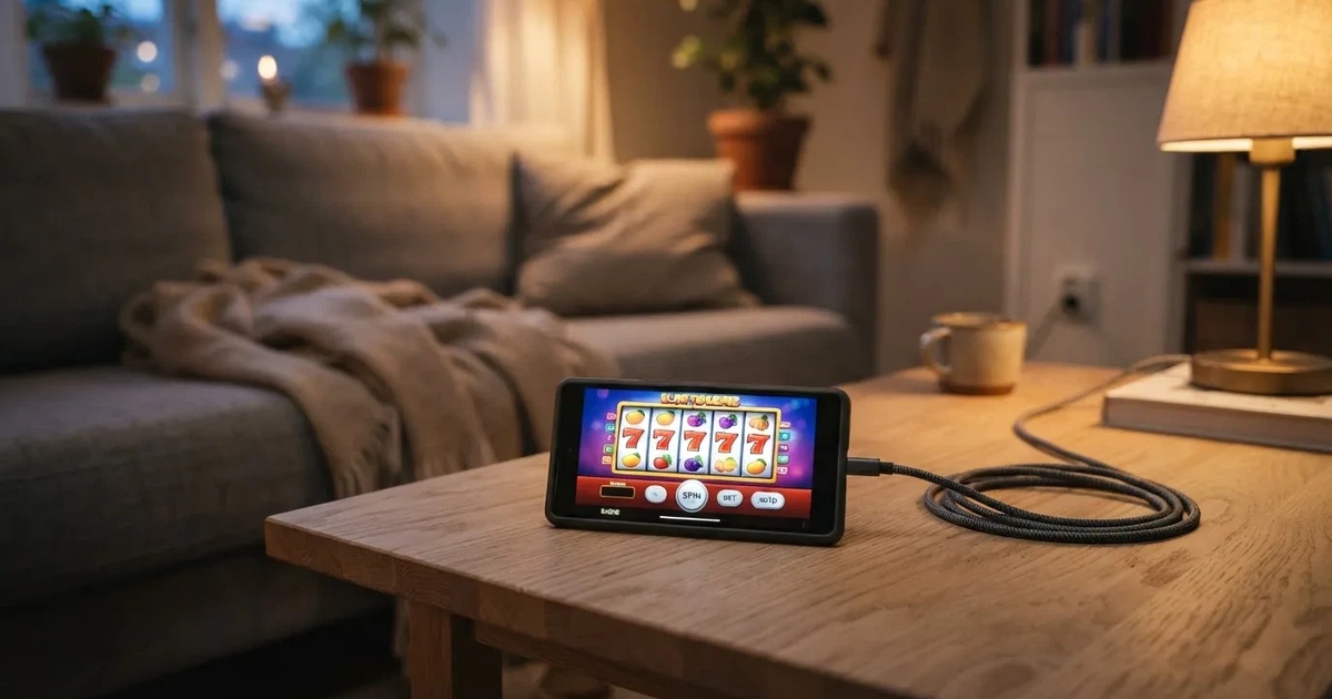 En smartphone ligger med baksidan upp på soffbordet, laddsladden ringlar och läslampan lyser mjukt — svenska casinon på ios