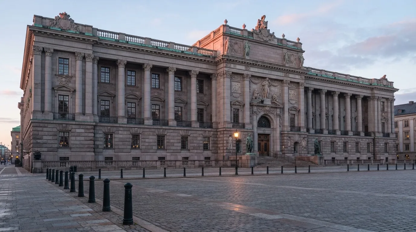 Stenfasad på en statlig byggnad i Stockholm vid gryning, höga pelare och ett tomt torg framför — svenska casinon på ios