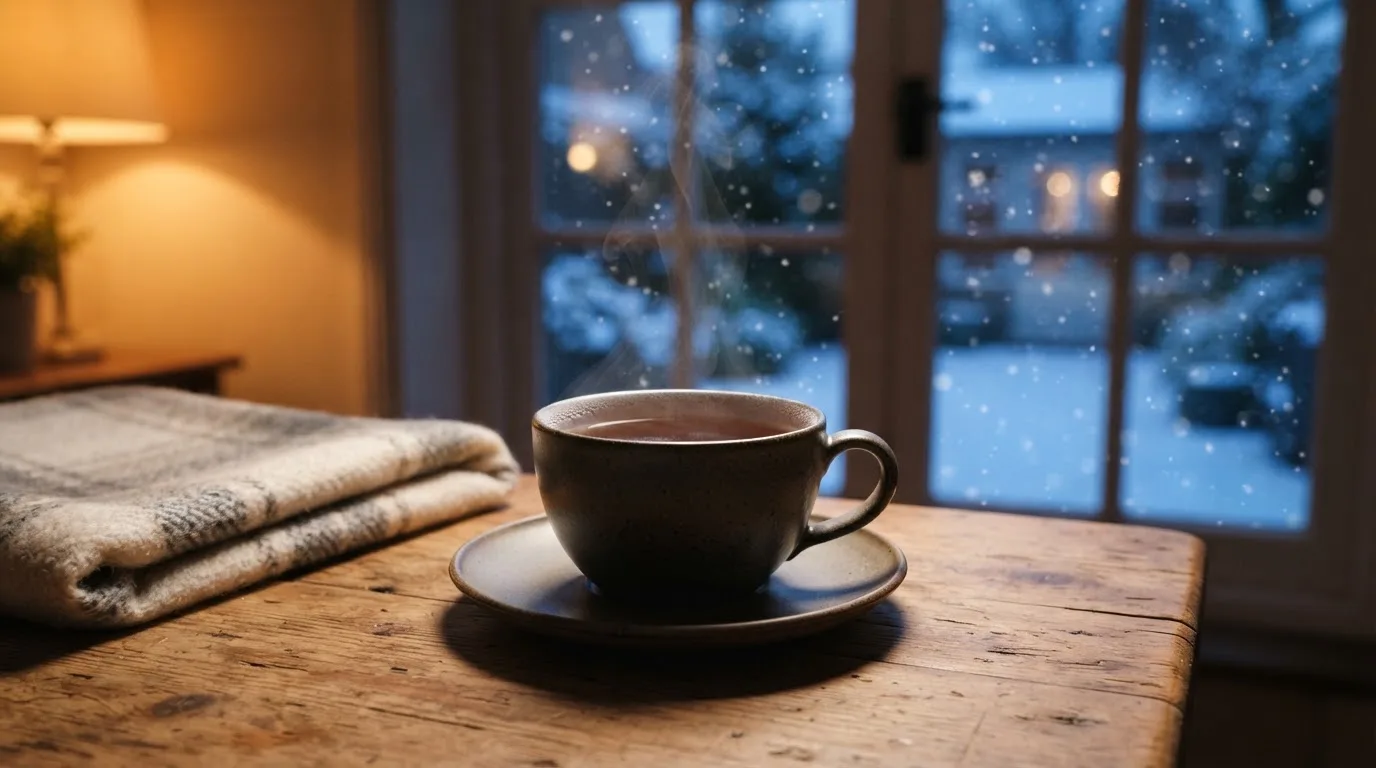En rykande tekopp på köksbordet en vinterkväll, bakom fönstret faller snön stilla — svenska casinon på nätet