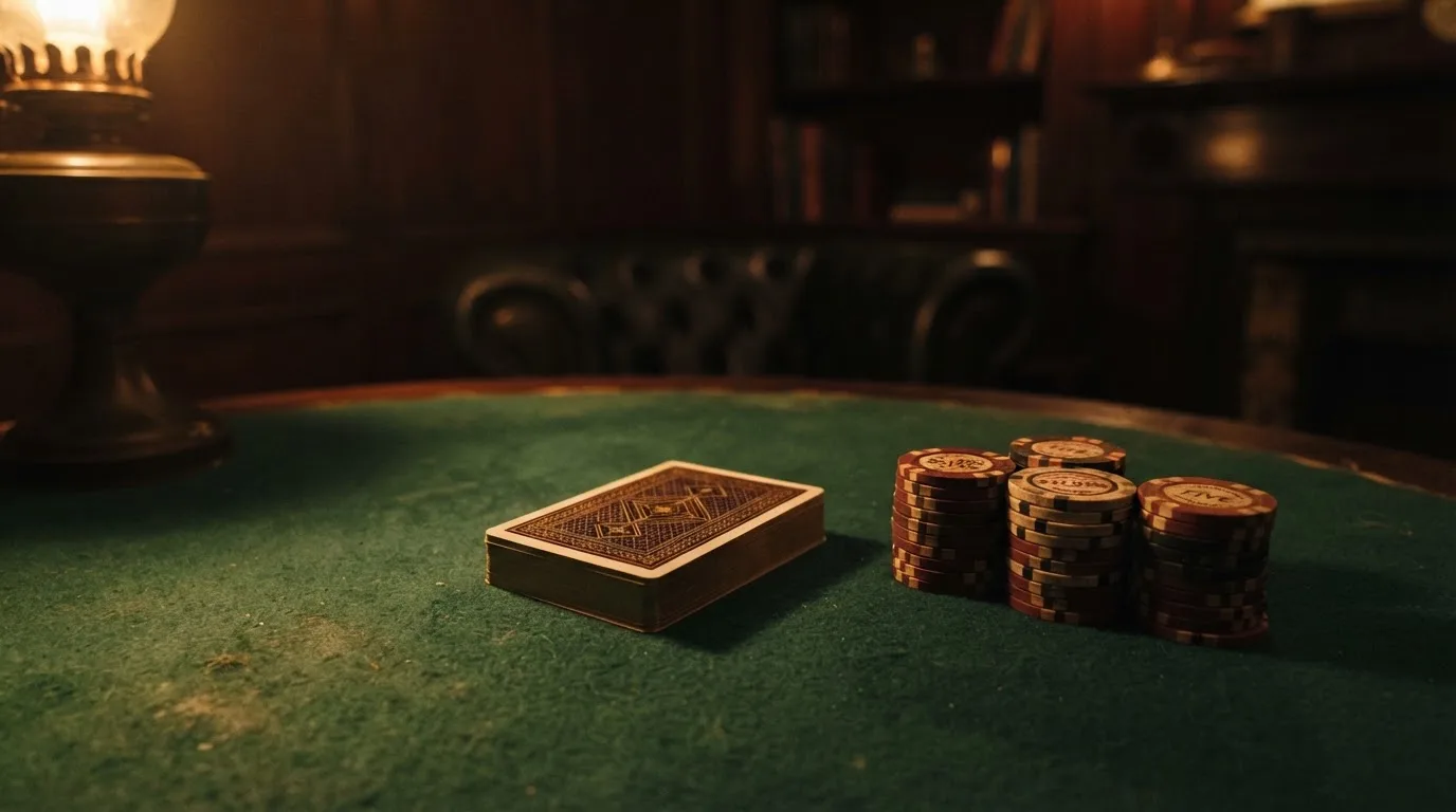Kortlek och staplar av spelmarker på ett grönt filtbord i en dunkel salong, varmt lampsken — svenska casinon utan konto