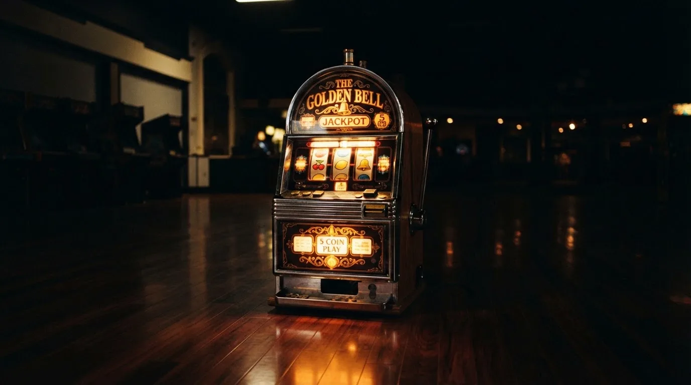 En gammal spelautomat lyser i den dunkla hallen och speglar sig i golvet — svenska casinon utan registrering