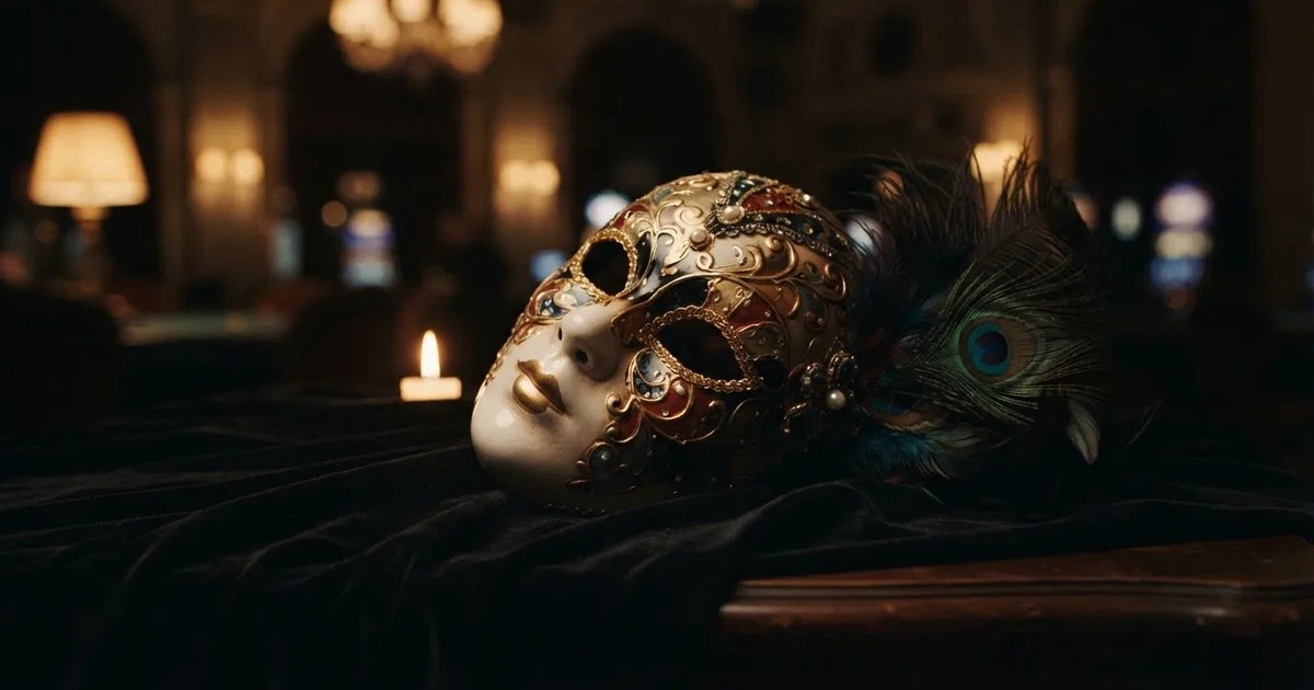 En venetiansk mask på svart sammet, ljuslågan speglas i dess blanka yta — svenska casinon utan registrering