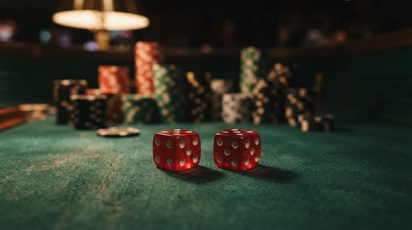 Röda tärningar vilar på grönt filt, bakom dem suddiga torn av spelmarker i kvällsdunklet — svenska casinon utan spelpaus