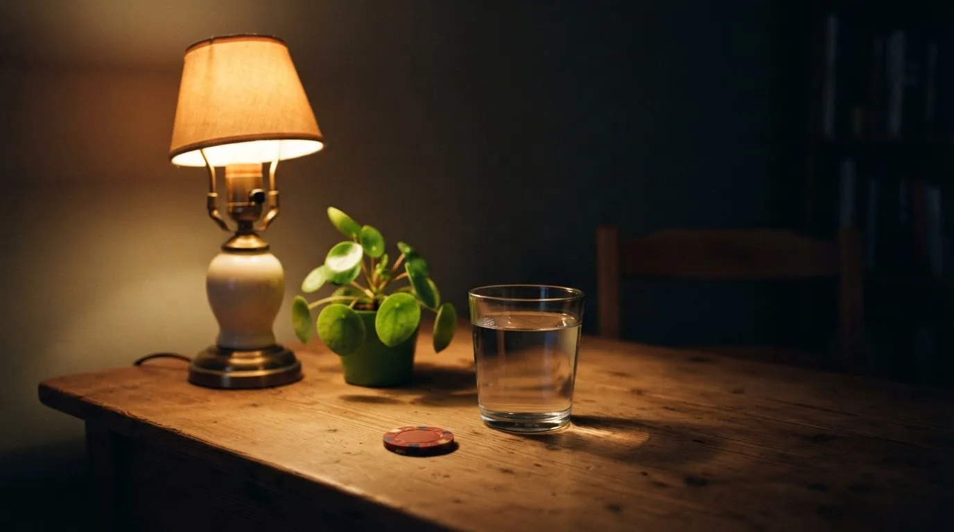 En skrivbordslampa lyser upp ett vattenglas och en kruka, rummet bakom mörknar sakta — svenska casinosidor