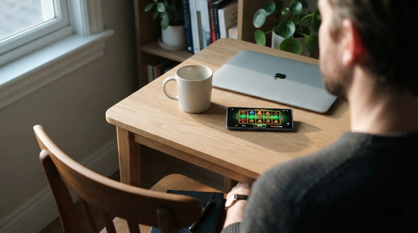 En person sitter vid ett skrivbord hemma med en kopp kaffe och en bärbar dator stängd bredvid sig i morgonljus.