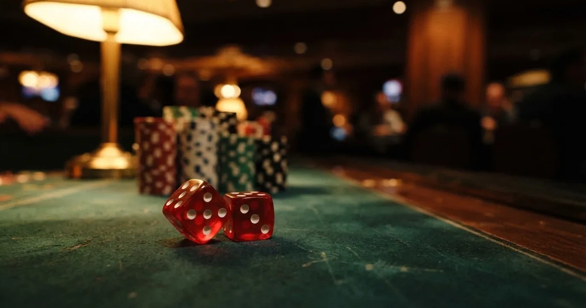Röda tärningar vilar på grönt filt, bakom dem suddiga torn av spelmarker i kvällsdunklet — svenska online casinon