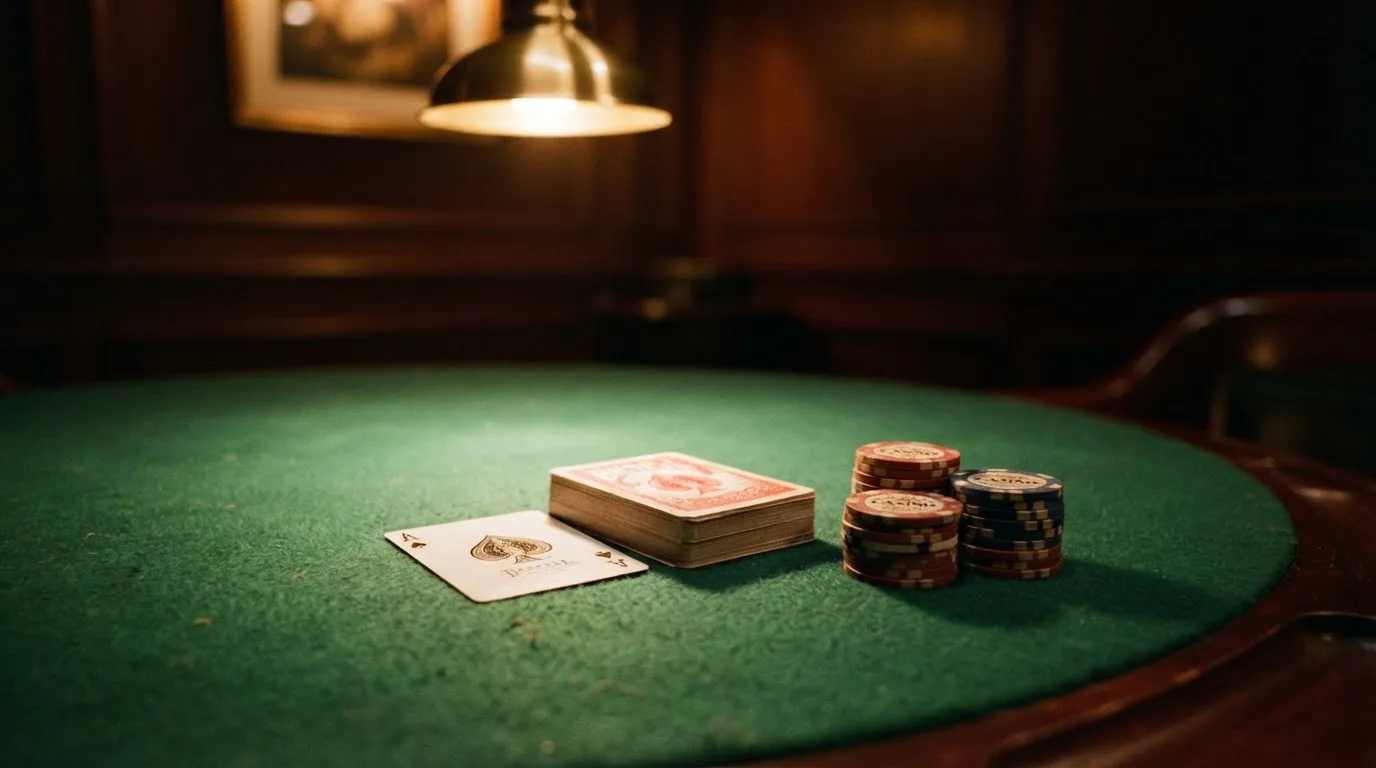 Kortlek och staplar av spelmarker på ett grönt filtbord i en dunkel salong, varmt lampsken — utländska casinon i sverige
