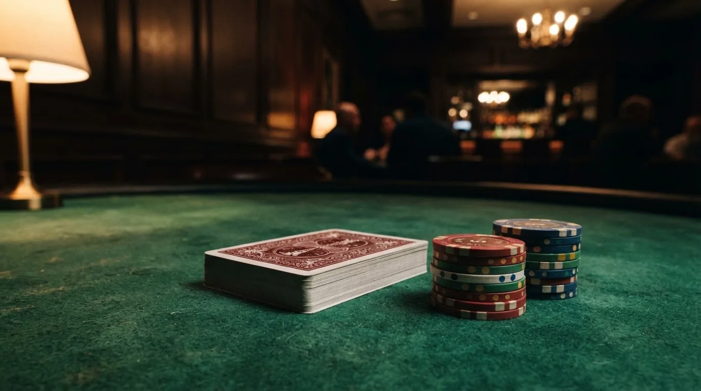 Kortlek och staplar av spelmarker på ett grönt filtbord i en dunkel salong, varmt lampsken — vinna på svenska casino